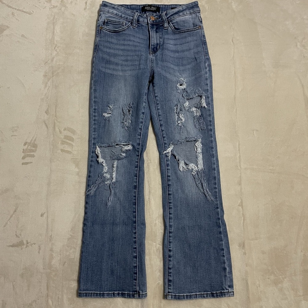 Judy Blue Jeans Womens Size‎ 27 Short Bootcut Stretch Distressed Blue Denim